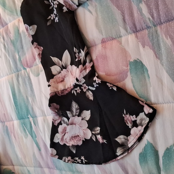 Silky,Sexy,Black with Pink Roses,Off Shoulder,Mini Dress with Long Bell Sleeves - Picture 8 of 11